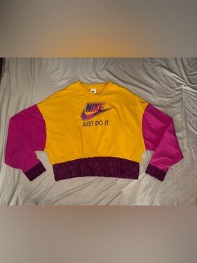 Nike Yellow and Pink Cropped Sweatshirt with Purple Accents